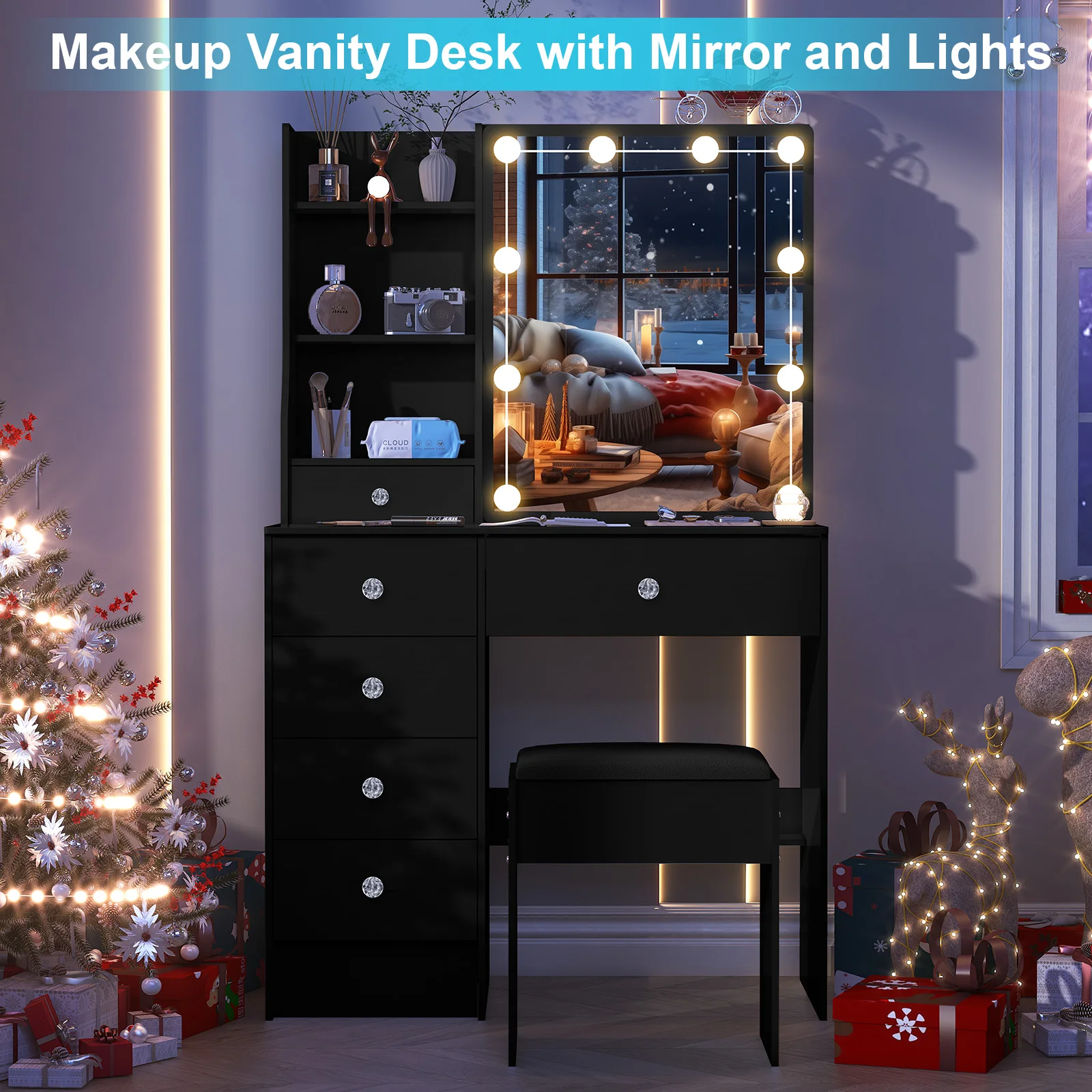 مجموعة زينة مضاءة LED مع مرآة منزلقة وأدراج طاولة تزيين Yamissi ومقعد #5