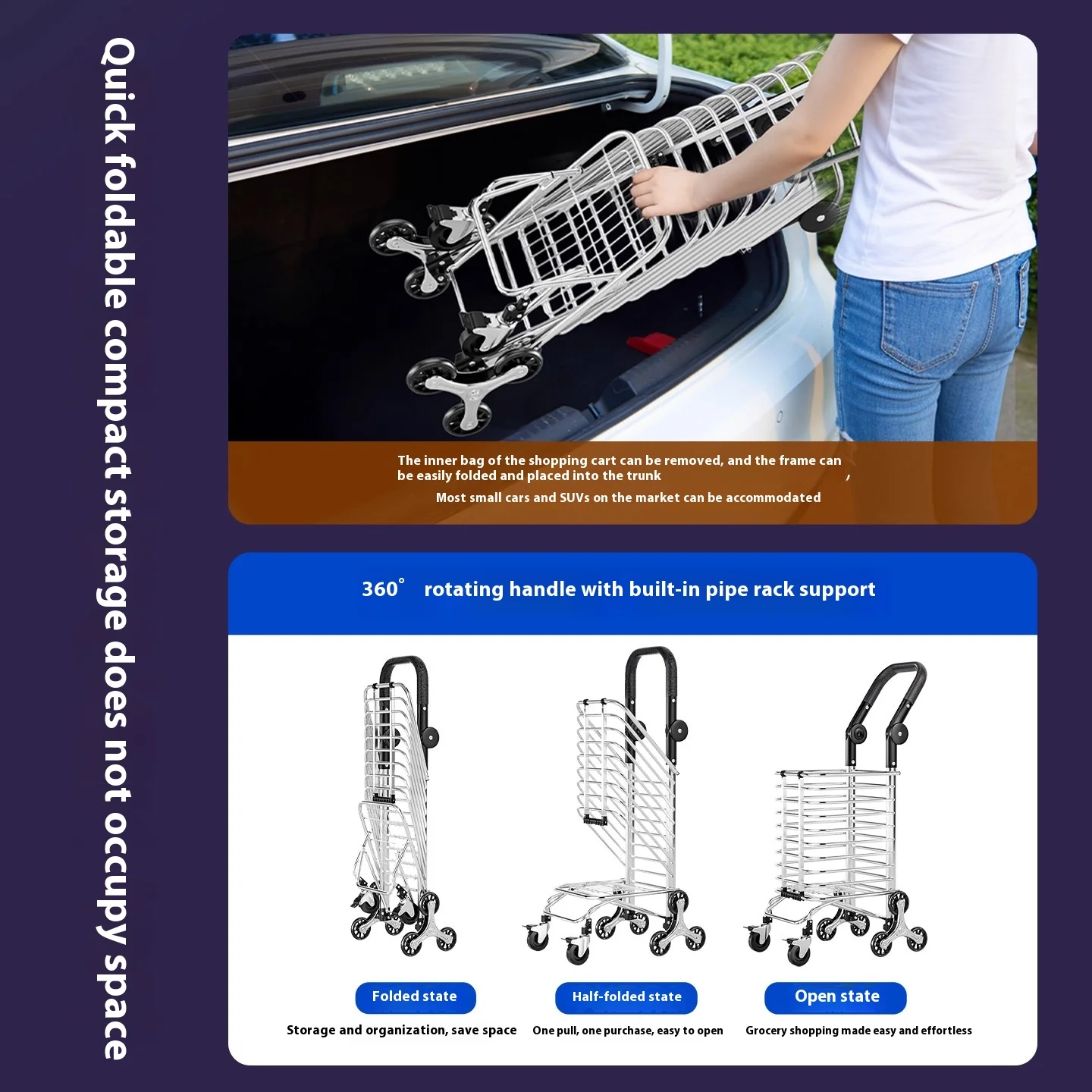 Gianxi Maicai عربة صغيرة قابلة للطي منزل جديد عربة تسوق خفيفة الوزن تحمل البضائع تسلق برج مقطورة عربة اليد #5