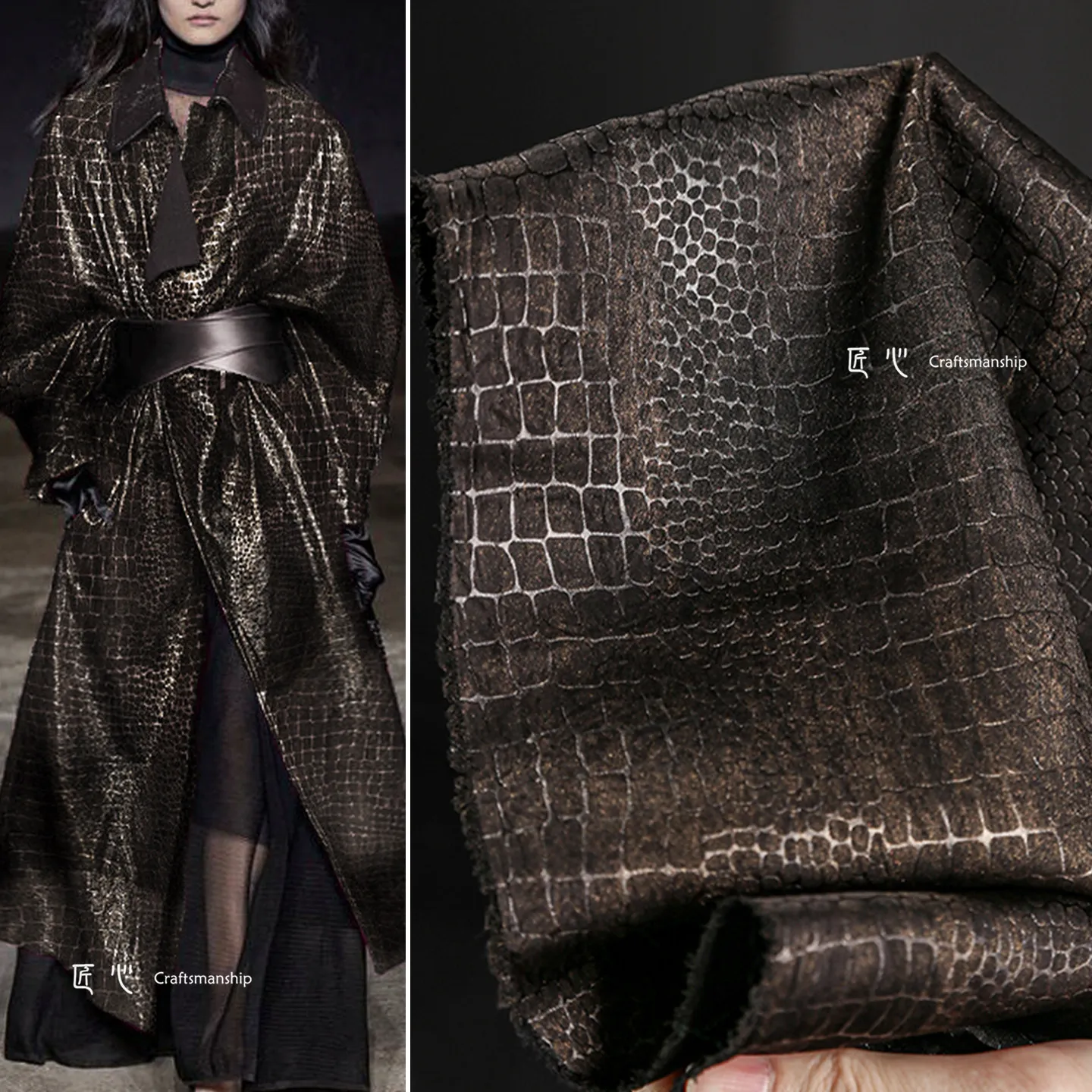 

Retro Black Gold Scale Pattern Embossed Bronzing Pattern Cloth, Bionic Leather Pattern Texture Creative DIY Clothing Designer