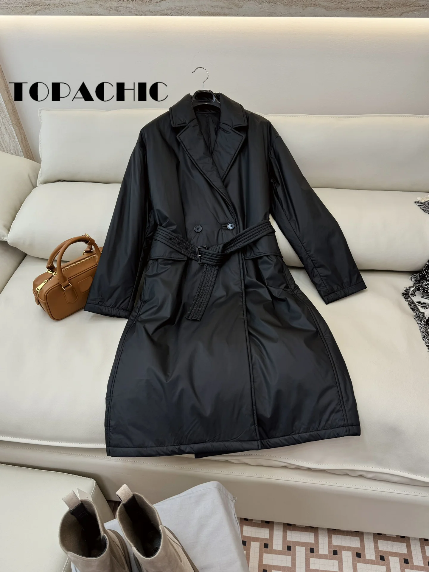 8.28 TOPACHIC-Women Solid Camel Down Lapel Collar Parkas Elegant Double Breasted Sashes Collect Waist Keep Warm Long Outerwear