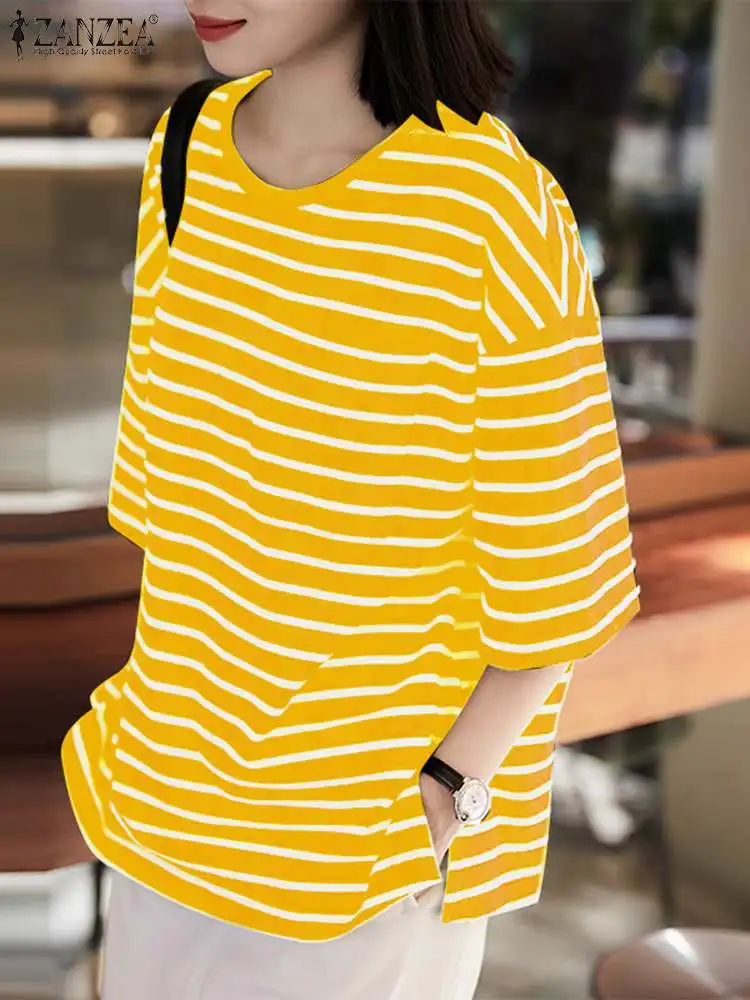 2024 ZANZEA Summer Blouse Women Fashion Stripe Printed Tops Casual O Neck Half Sleeve Shirt Female Work Chemise Loose Blusas