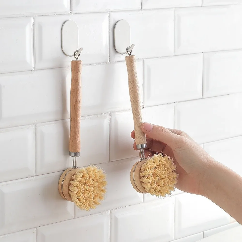 Solid Wood Kitchen Cleaning Brush Replaceable Multifunctional Dish Pot Brush Wooden Handle Cleaning Tool Frying Pan Brush