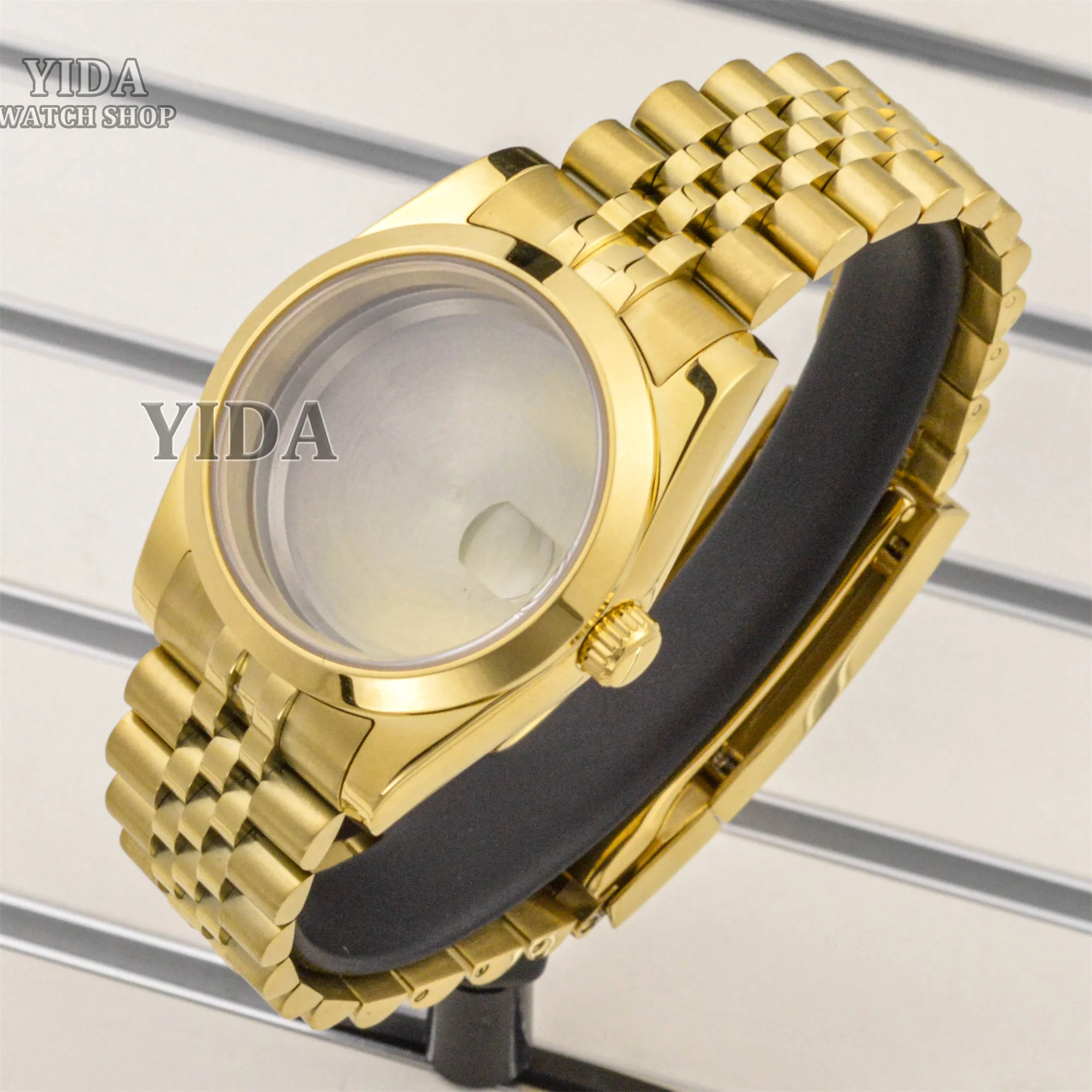 NH35 36/39 مللي متر أجزاء الساعة PVD الذهب حاوية من الفولاذ المقاوم للصدأ حزام 28.5 مللي متر الطلب ل اليوبيل قابل للتعديل NH36 حركة الياقوت الكريستال