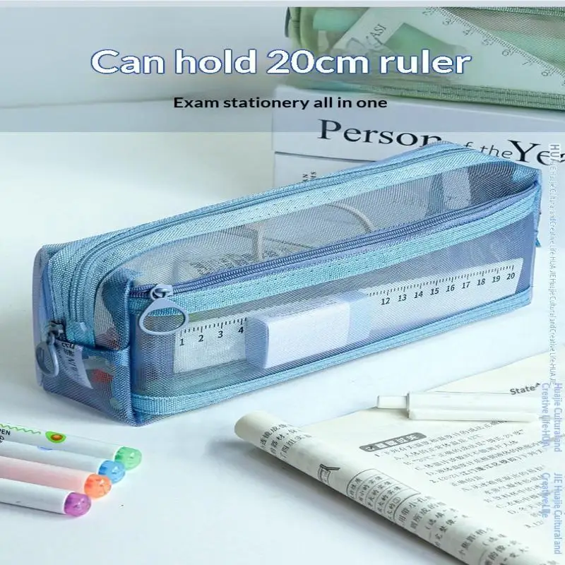 Double Zipper Compartments Transparent Mesh Surface Multi Color Mesh Pencil Pouch For Students School Office Stationery Storage