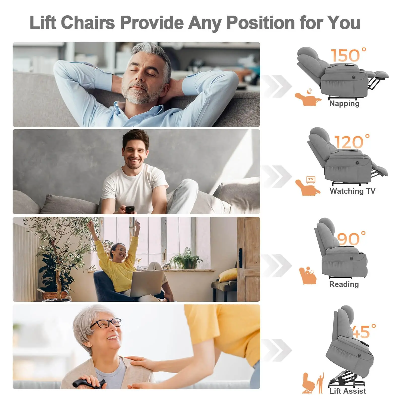 Power Lift Recliner Chair Assisted Standing 8 Massage Points Heated Grey Armchair Lift Leisure Lounge Sofa Chair For The Elderly