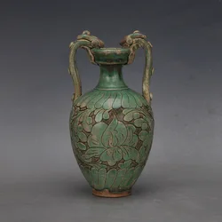 Song Cizhou Kiln Green Glazed Entangled Branches Shaved Double Dragon Zun Vase Antique Porcelain Home Decoration Ornament