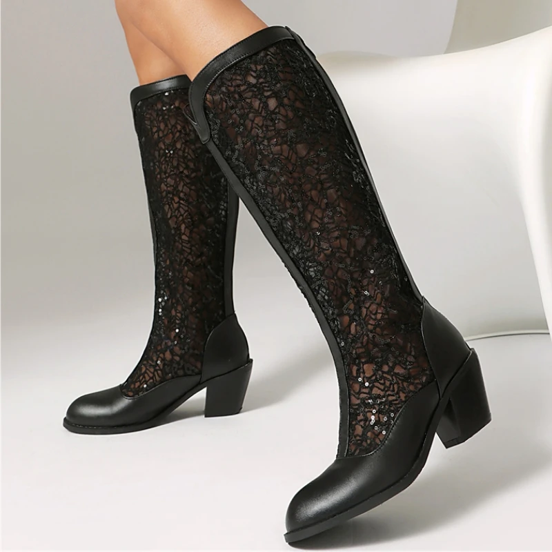 

Mesh Knee High Boots Women Fashion Black White Mesh Western Summer Boots Long Breathable Medium Heels Footwear Shoes Big Size