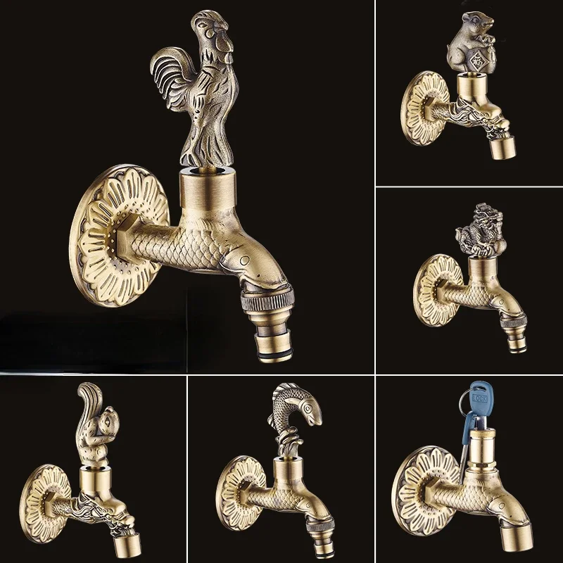 Brass Antique Bibcock Carved Washing Machine Faucet with Lock Outdoor Mop Pool Taps Retro Chinese style Wall Mounted Garden