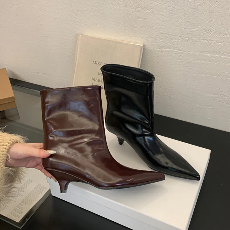 

Осенние модные женские ботильоны с острым носком, модная обувь без шнуровки на низком каблуке, уличный стиль, банкетная вечеринка, короткие Botas Mujer