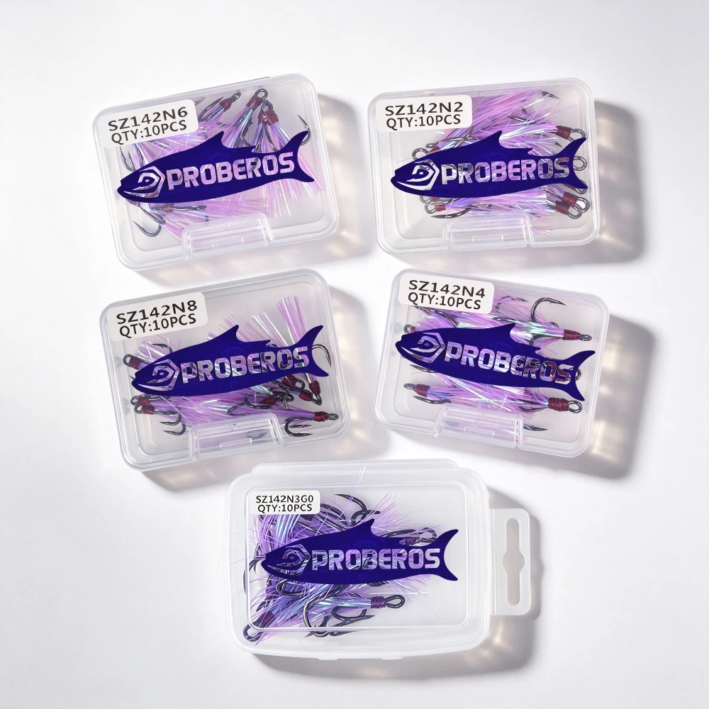 PROBEROS 10 Stück/Box Flash Tinsel Dreifachhaken aus Hochkohlenstoffstahl, Hartköder, Widerhaken-Dreifachhaken für Bass, Salzwasser-Angelzubehör – Detail 8