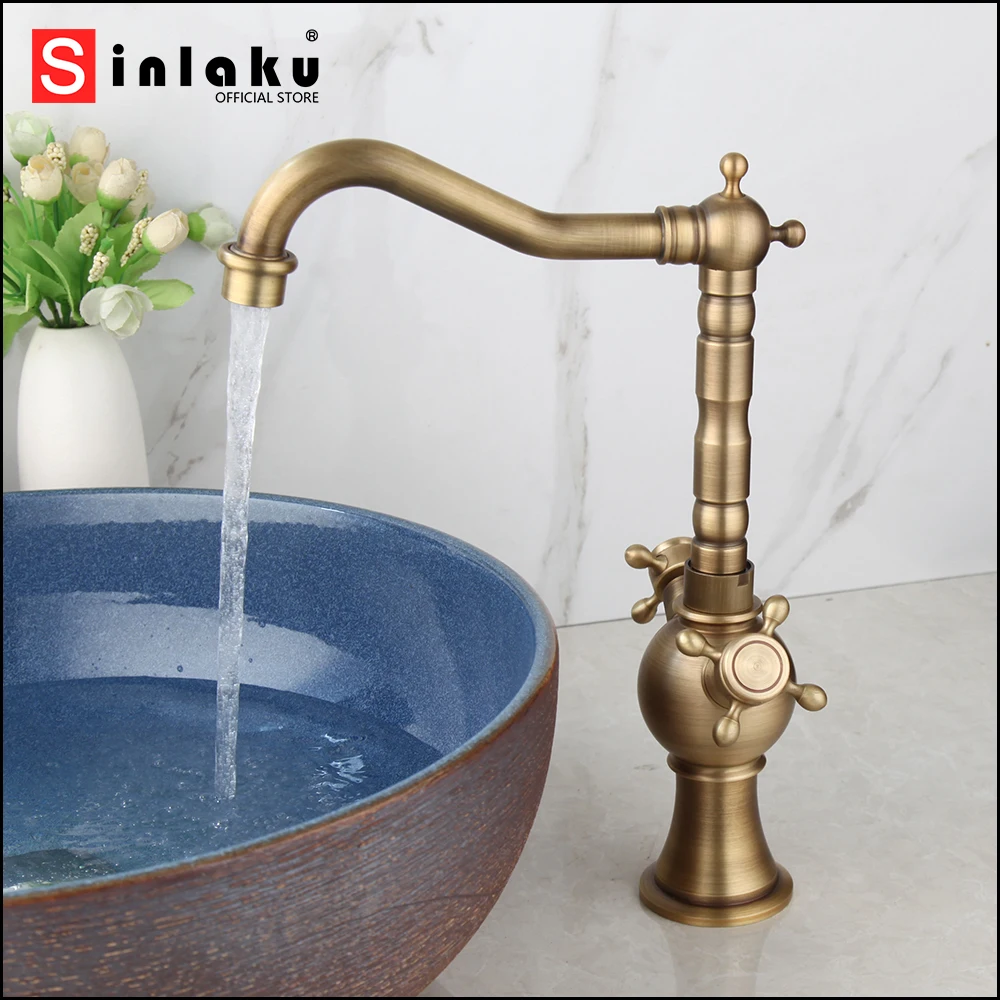 

SINLAKU Antique Brass Bathroom Faucet Dual Handle Spout Kitchen Faucets Single Hole Swivel Hot Cold Water Kitchen Mixer Tap