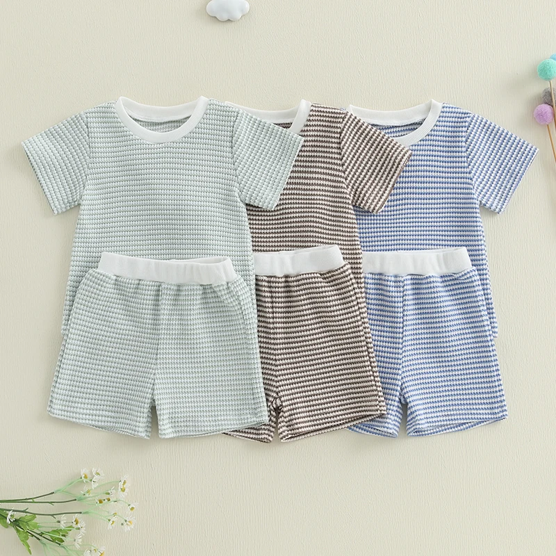 Toddler Boys Summer Outfit Waffle Striped Set