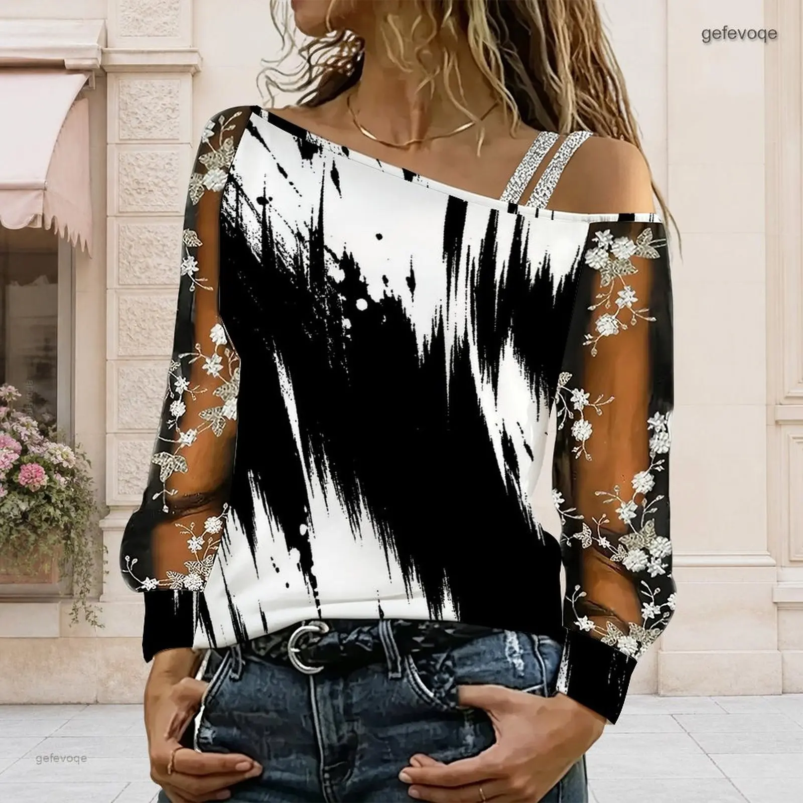 Women Asymmetric Cold Shoulder Top Black White Brush Print Long Sheer Floral Embroidery Sleeves