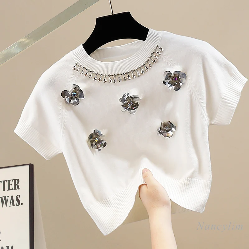 

Fall Pull Femme New Heavy Industry Rhinestone Classic Style Three-Dimensional Flower Knitted Top Short Sleeve Sweater Woomen