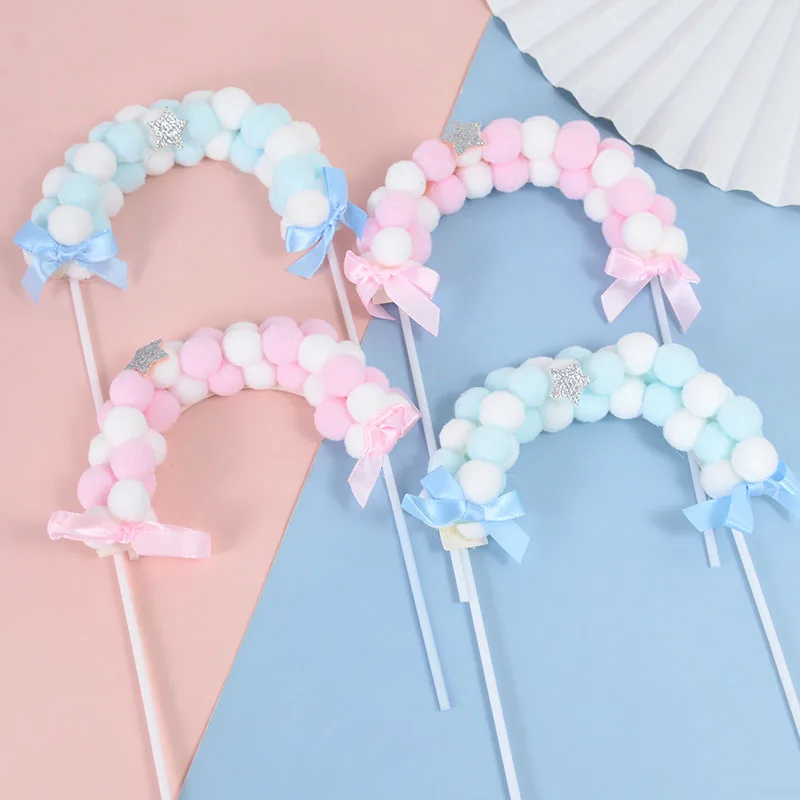 Bunte Torbogenball-Kuchenaufsatz, Flaggen, rosa, blau, weicher Fuzzy-Ball, Cupcake-Topper, Geburtstag, Geschlecht offenbaren, Party, DIY-Kuchen