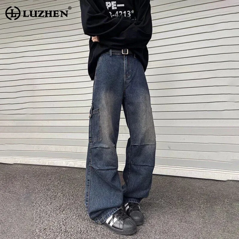 LUZHEN 2025 New Wornout Vintage Design Straight Tube Denim Pants Men's Original Street Fashion Fold Casual Cargo Jeans LZ8390