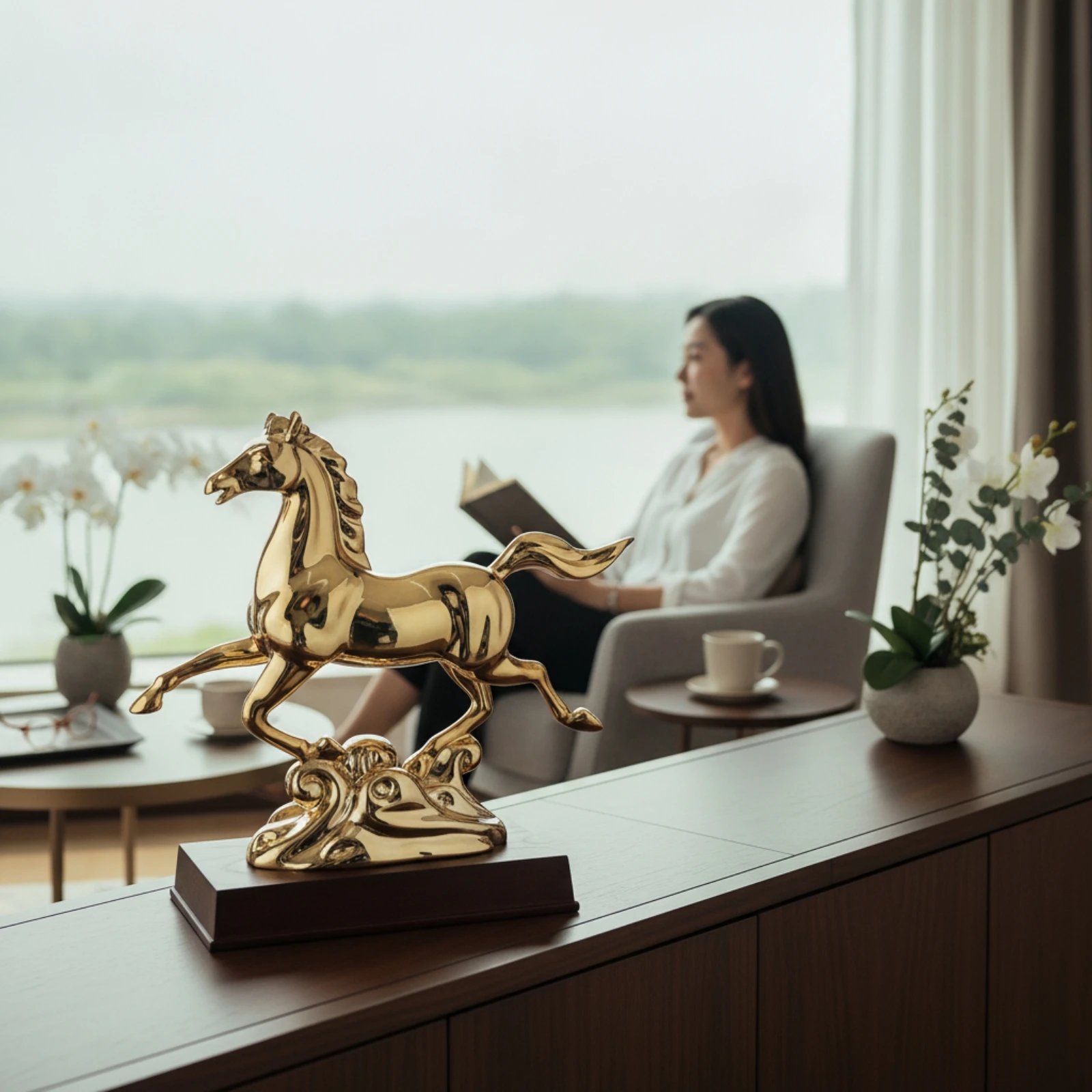 Horse Statue with Wooden Base Metal-Finish Running Horse Ornament Decor Modern Sculpture Elegant for Art Collectors, Office Desk