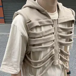 Men Hooded Vest New Men's Funny Bone Deconstruction Design Vests Personality Solid Hooded Waistcoat S-5XL 2024 Skull Rib Vest