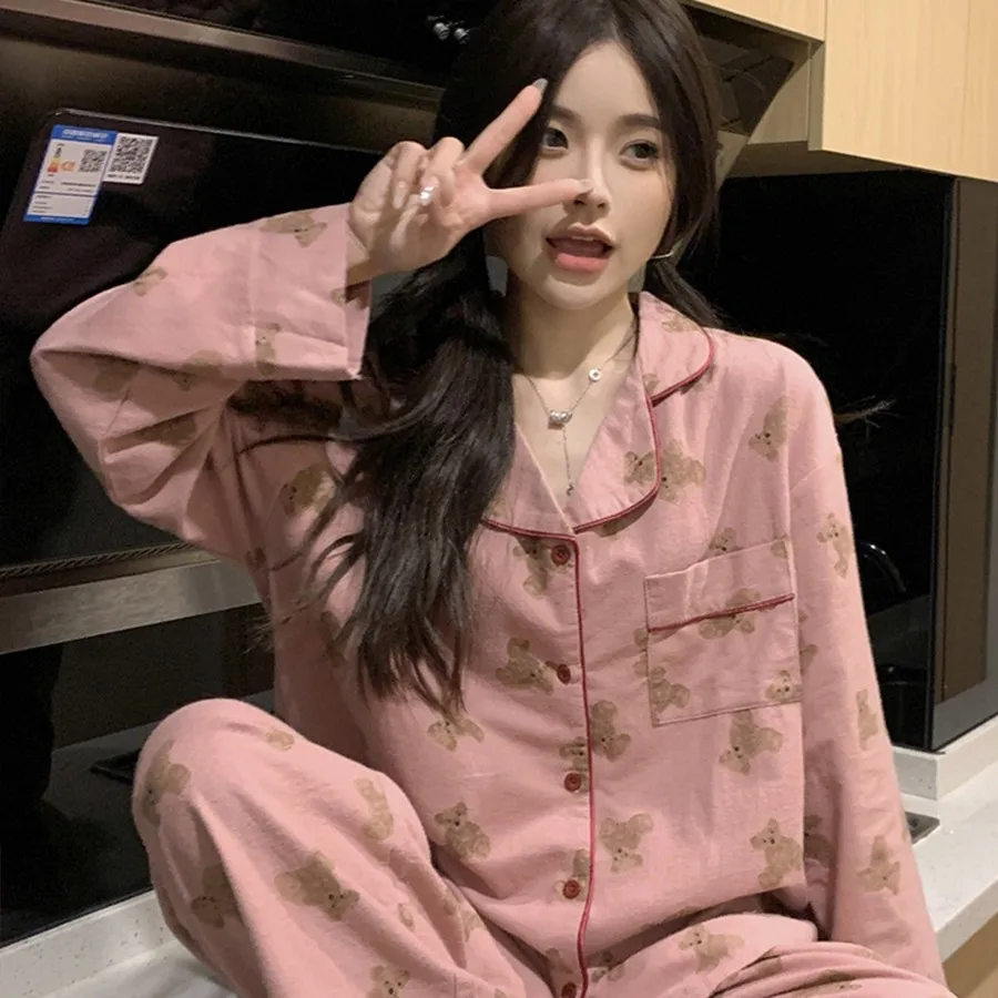 

Женская одежда, пижамы с медвежонком, новый осенний милый костюм, тонкая версия, брюки с длинными рукавами, кардиган, домашняя одежда, удобная