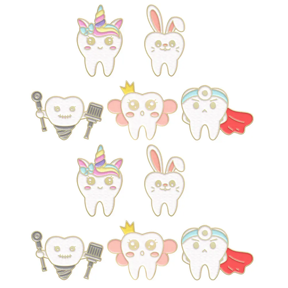 

10Pcs Tooth Cartoon Brooch Pin Cute Metal Lapel Pins for Clothes Backpacks Women Accessories Pin Badge Locking Backs