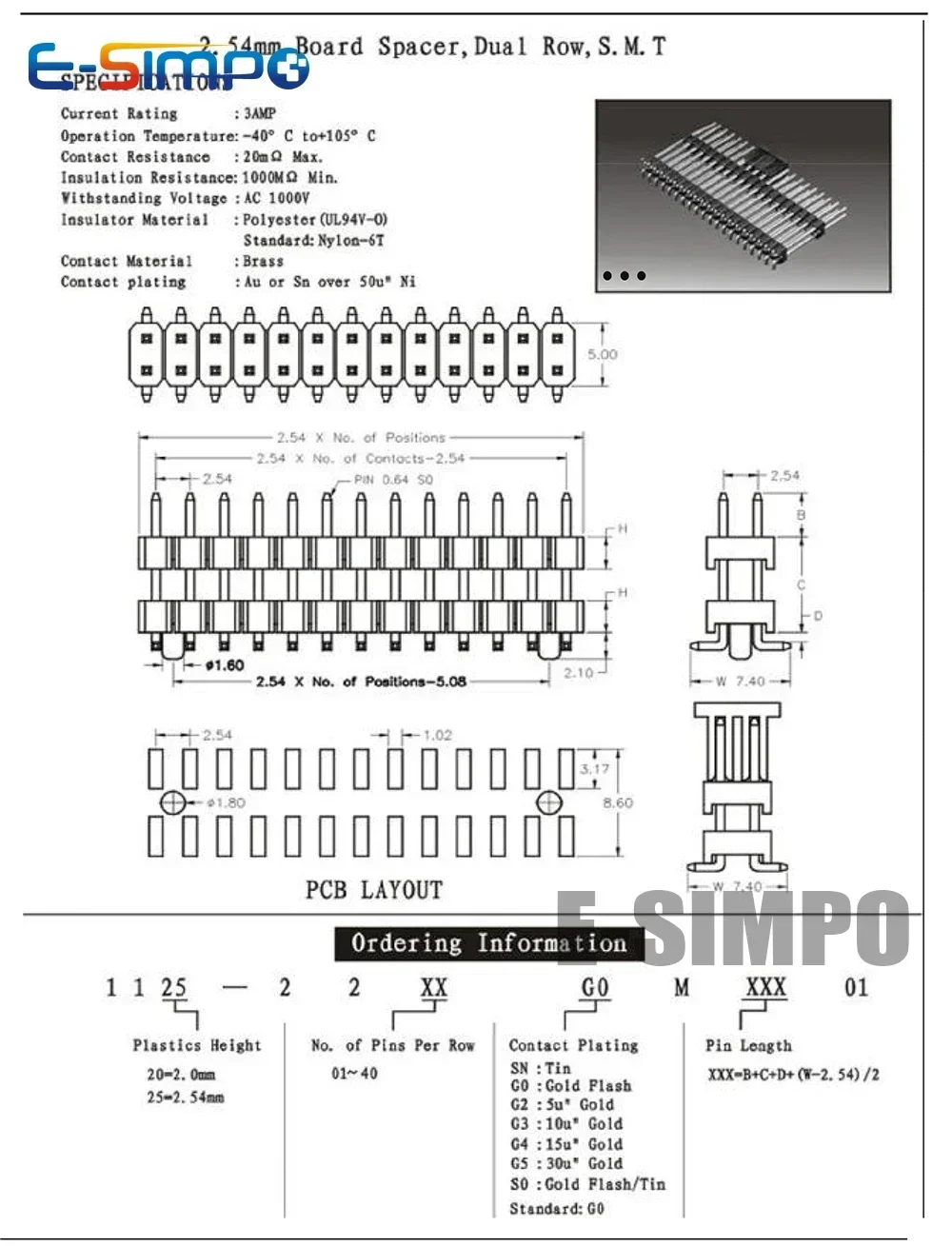 2.54mm SMT Double Row Board Spacer L30mm 2x15/25/40P Surface Mount Breakable Dual Plastic Gold PCB Male Pin Header Connector