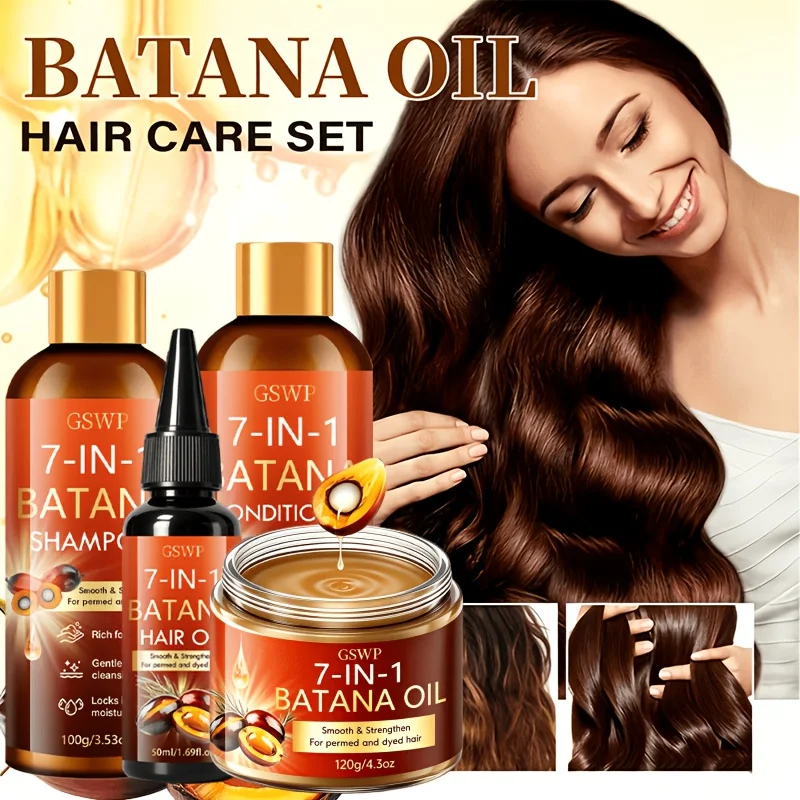 

GSWP Batana Shampoo, Conditioner, Hair Oil and Essential Oil Set. Smoothes and moisturises dry hair. 100g + 100g + 50ml + 120g