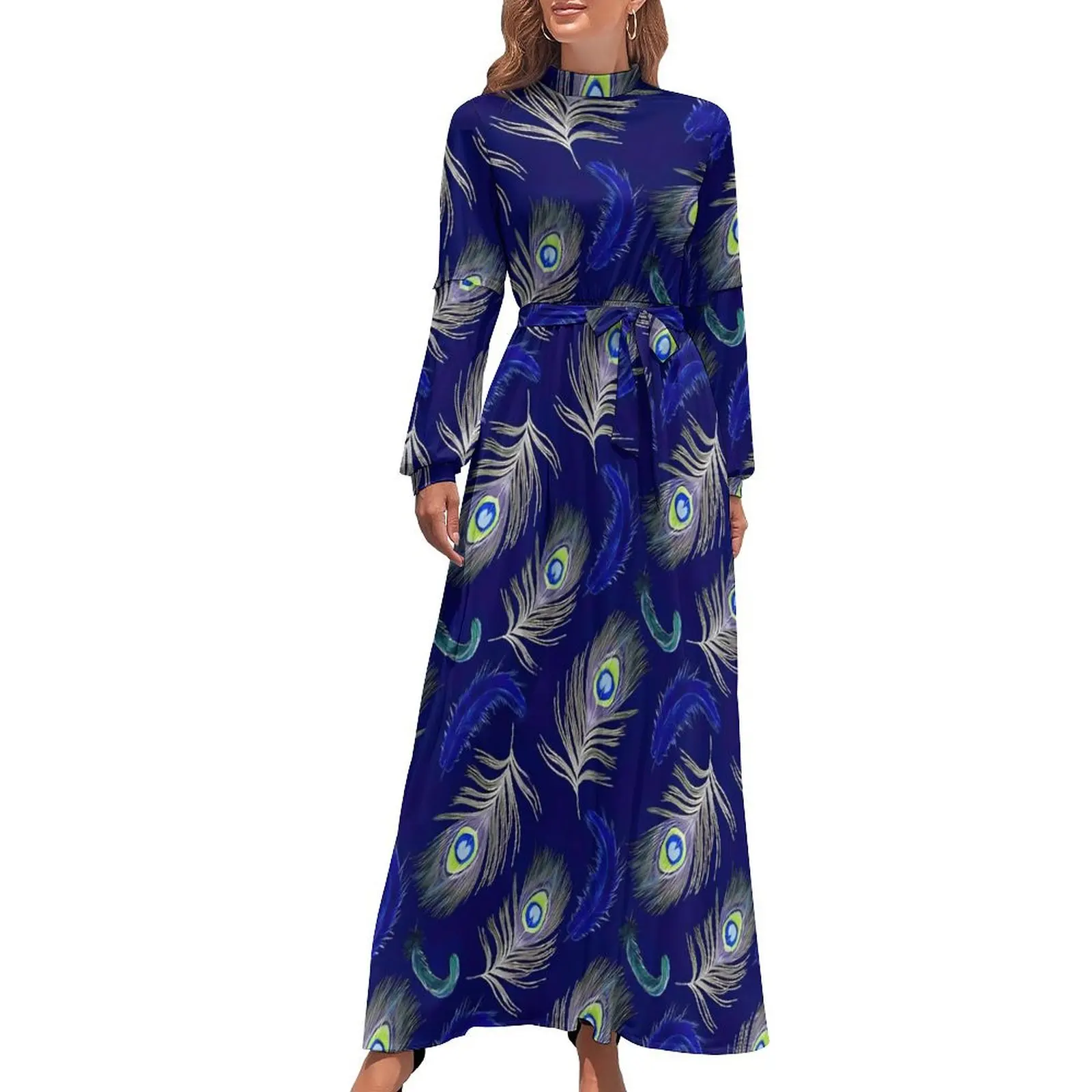 

Blue Peacock Feather Dress Long-Sleeve Animal Print Sexy Maxi Dress High Waist Street Wear Boho Beach Long Dresses Birthday Gift