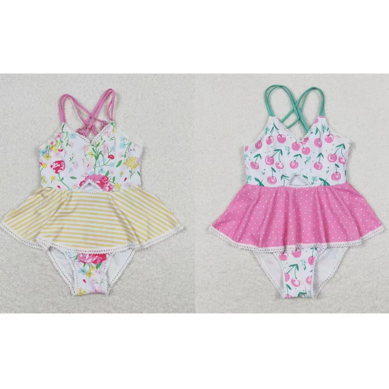 

Wholesale Baby Girl One Piece Sleeveless Swimming Suit Children Toddler Summer Inner Floral Stripes Swimwear Infant Swimsuit