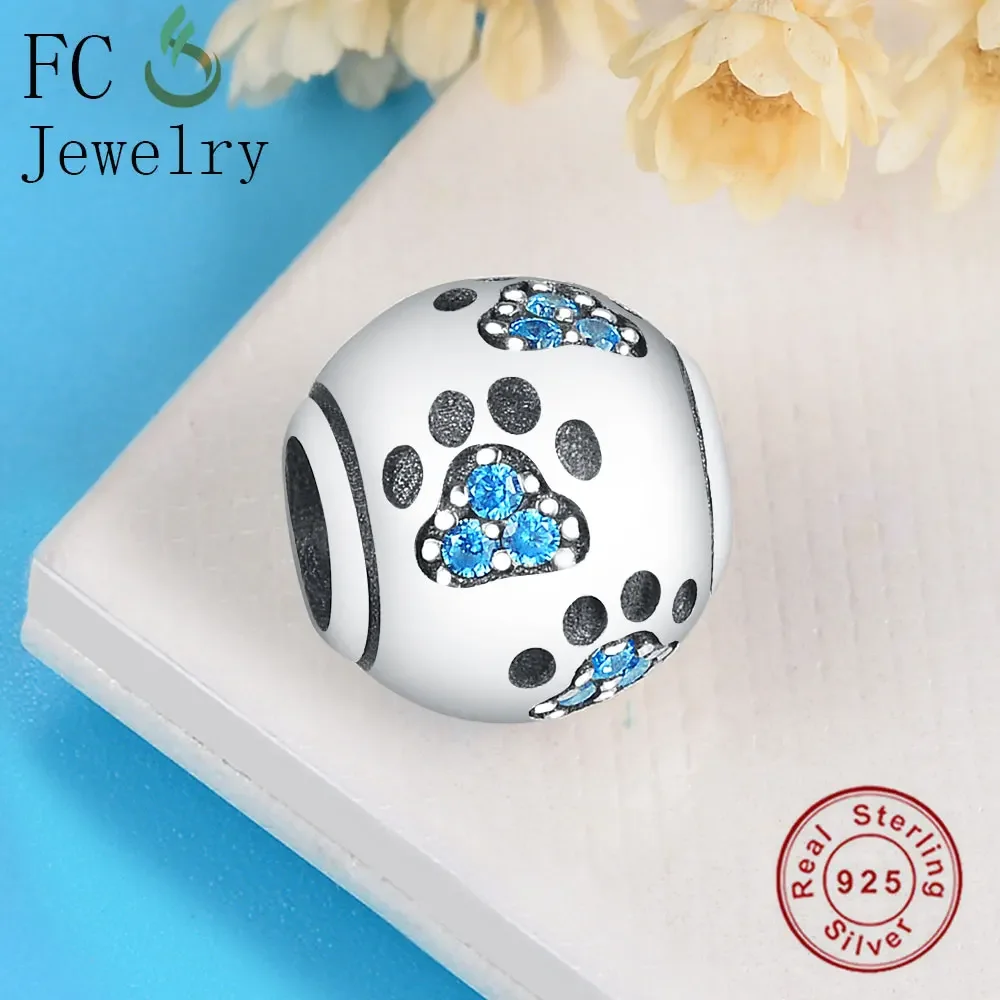 FC Jewelry Fit Original Brand Charms Bracelet 925 Silver Bulldog Paw Print Blue Zirconia Bead Making Bear Footprint Berloque