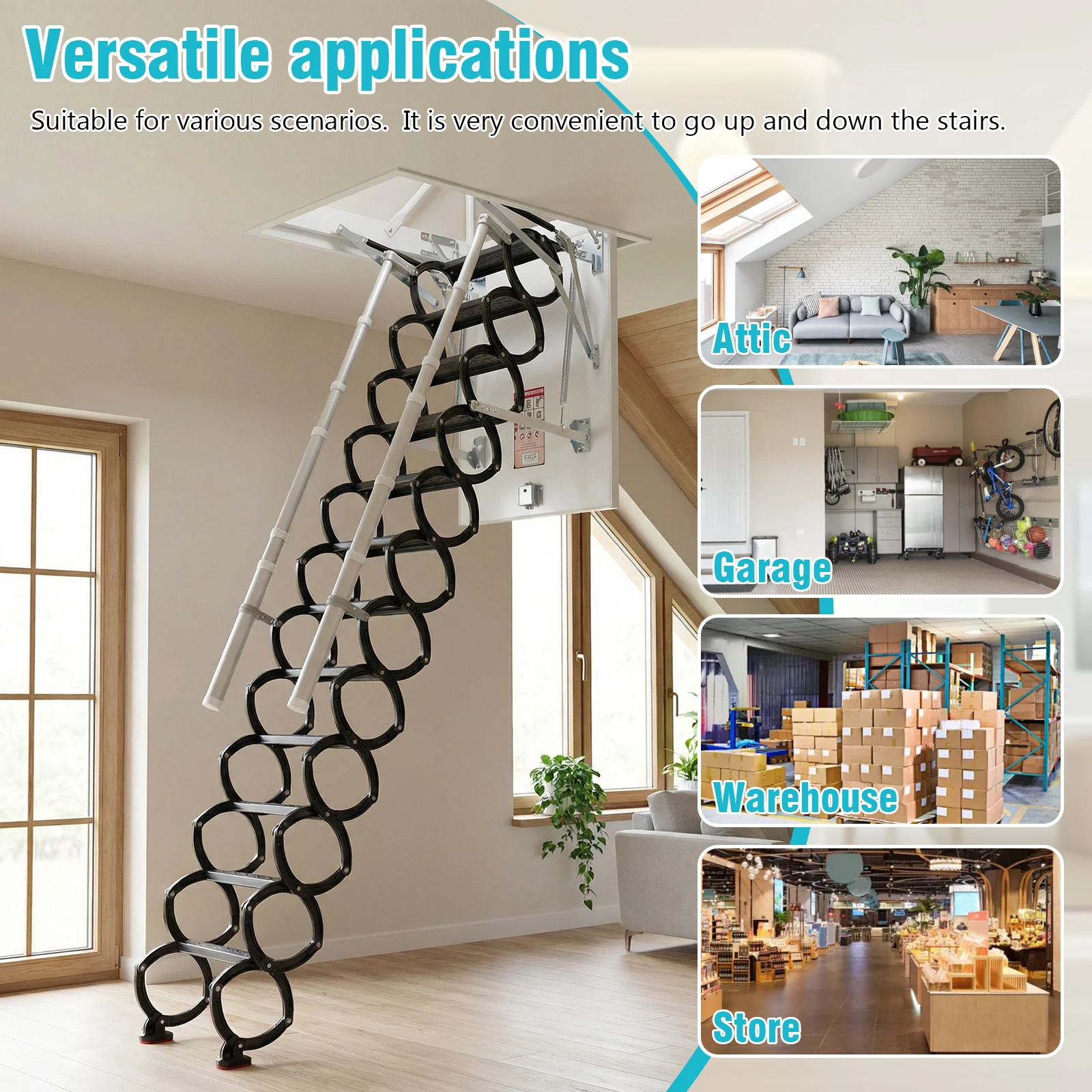 

12 Steps Folding Loft Ladders with Handrails Fold Armrests Attic Steps 660LBS Capacity Height Adjustable For Home Duplex Villas