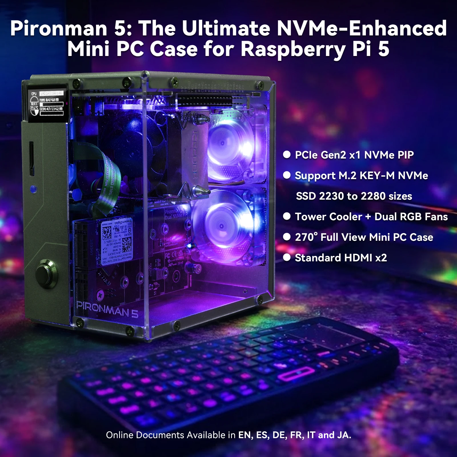 Pironman 5 NVMe M.2 SSD PCIe 2.0/3.0 Mini PC Case for Raspberry Pi 5 Hailo-8L, AI Agent OpenClaw, Tower Cooler+Dual RGB Fans
