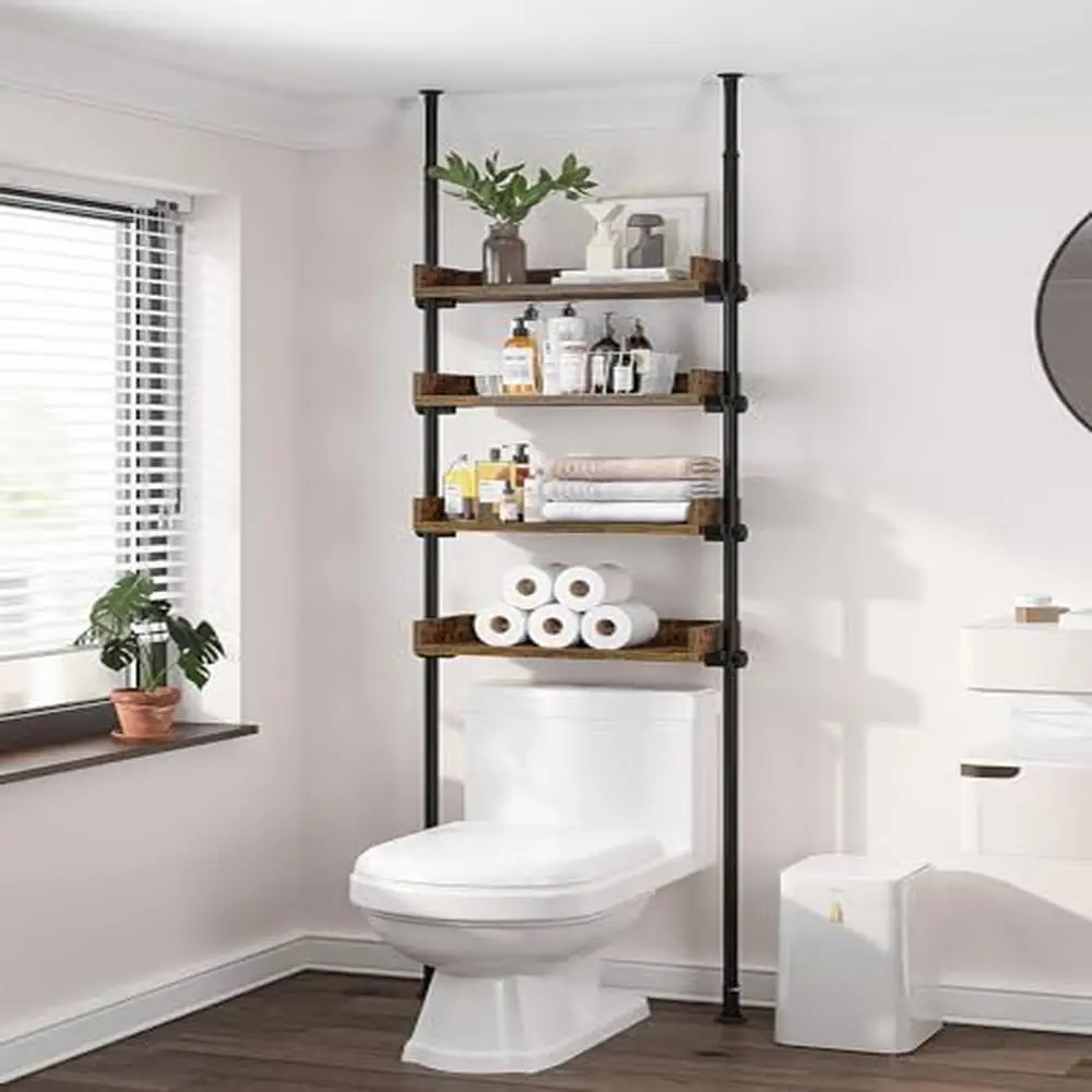 Adjustable Bathroom Organizer Over Toilet Storage 4-Tier Wood Shelf Rack Space Saver Small Rooms Narrow Floor-to-Ceiling Stand