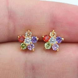 Trendy Gold Color Multicolor CZ Small Cute Flower Stud Earrings for Women Girls