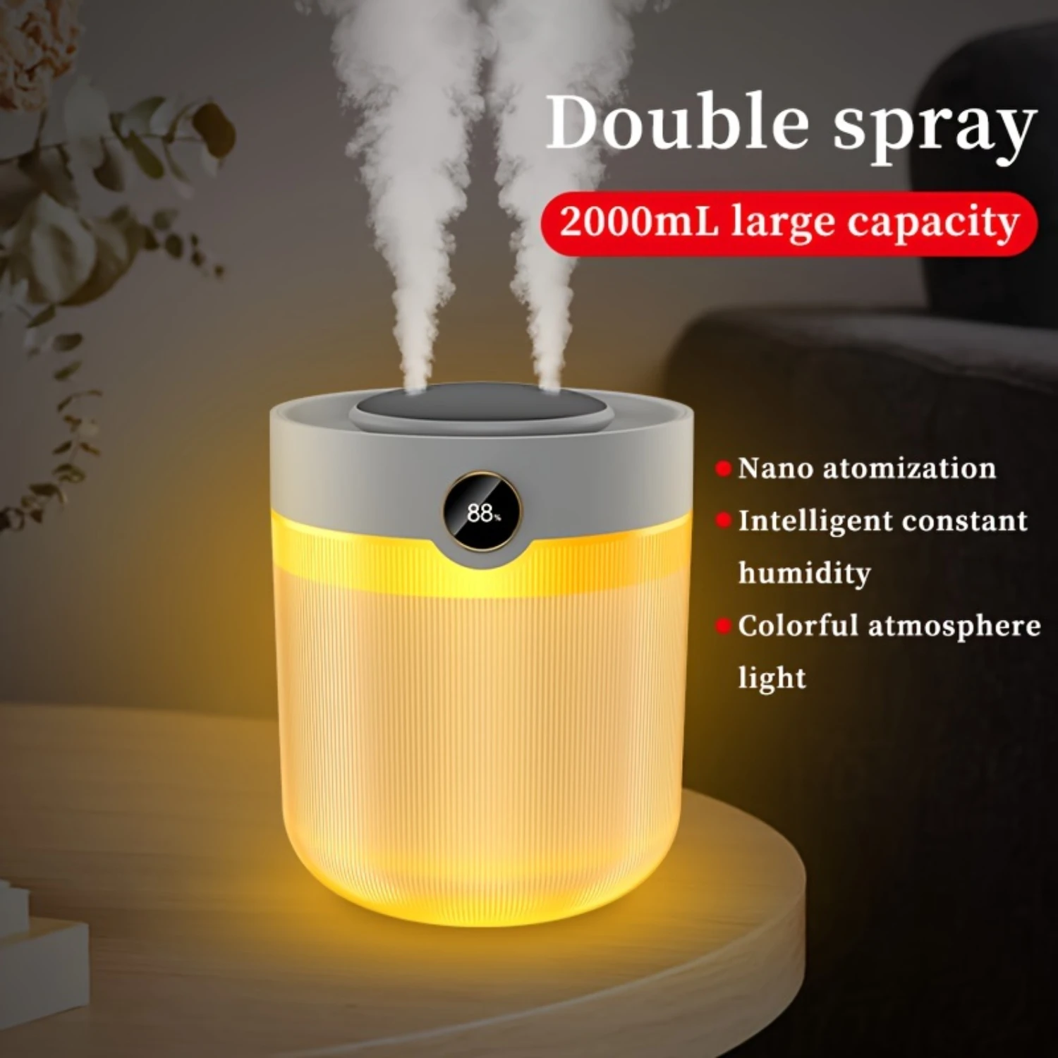 Large Capacity Double Spray Digital Display Humidifier - Desktop Colorful Light Humidifier Office Humidifier For Living Room Bed