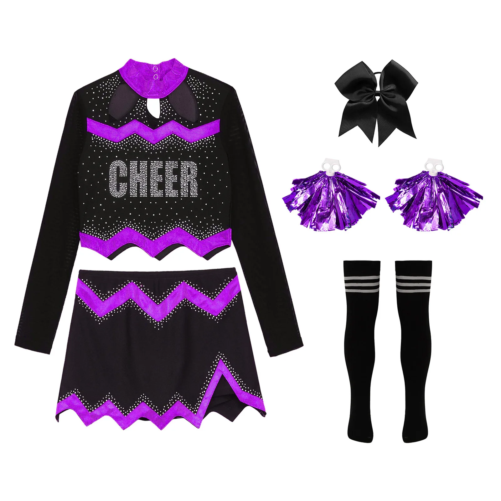 

Girls Cheerleader Costume Dancing Outfit Long Sleeve Rhinestone Crop Top+Skirt+Accessories Suit for Halloween Stage Performance