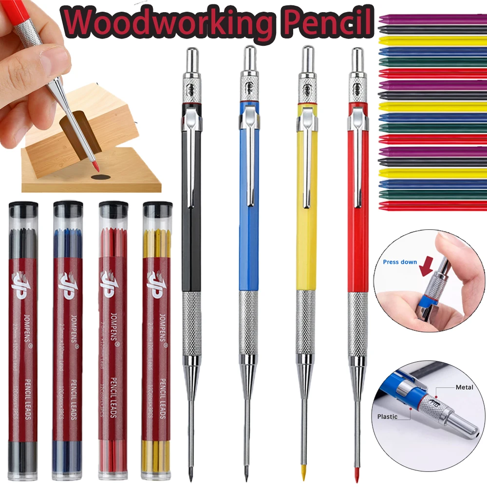 

Multicolor Metal Woodworking Mechanical Pencil Set with 2.0mm 2B Lead Core for Deep Hole Scribing Marking Construction Tool
