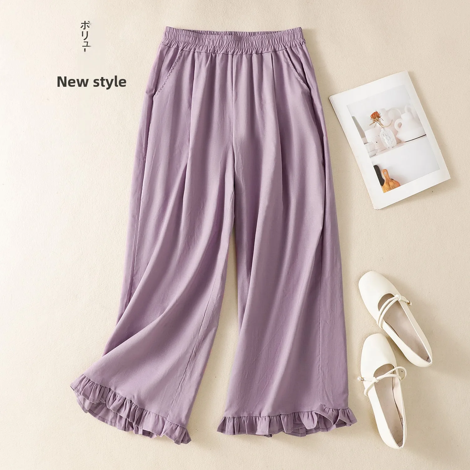 Letnie Nowe Artystyczne Retro Lniane Luźne Wyszczuplające Uniwersalne Młodzieżowe Drewniane Spodnie z Szerokimi Nogawkami Fioletowe Elastyczne w Pasie Casual