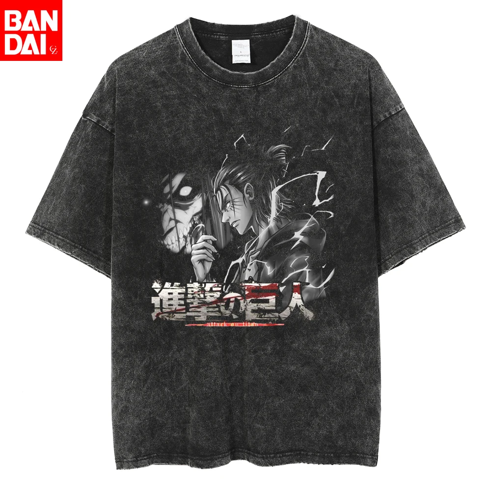 

BANDAI Attack on Titan Eren Yeager Attack Titan Vintage Washed T-Shirt Anime Oversized Streetwear for Men Women Casual Tees