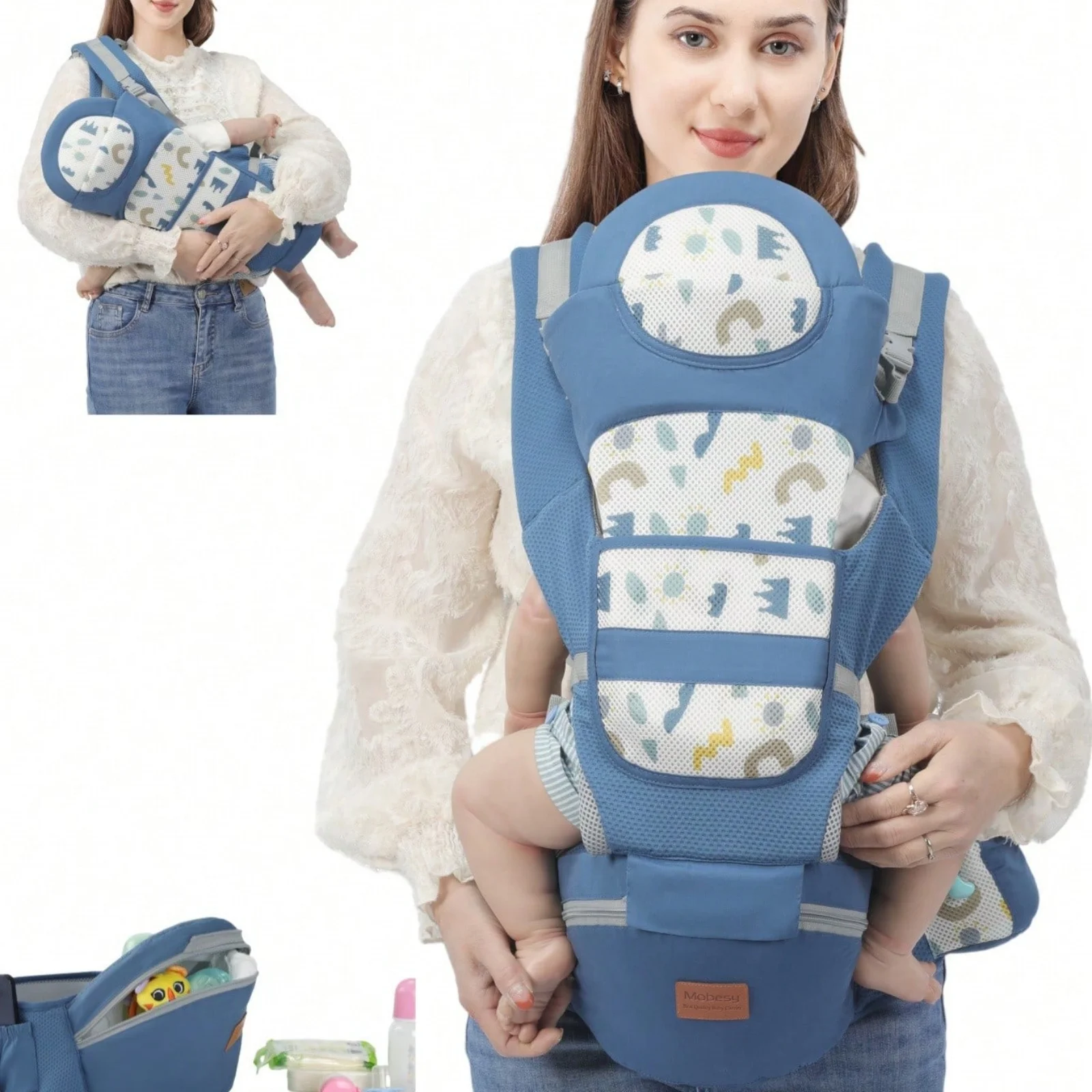 

Ergonomic Baby Carrier with Hip Seat & Neck Support, Breathable Honeycomb Mesh Blue Print Infant Backpack, Multi-Position Hands-