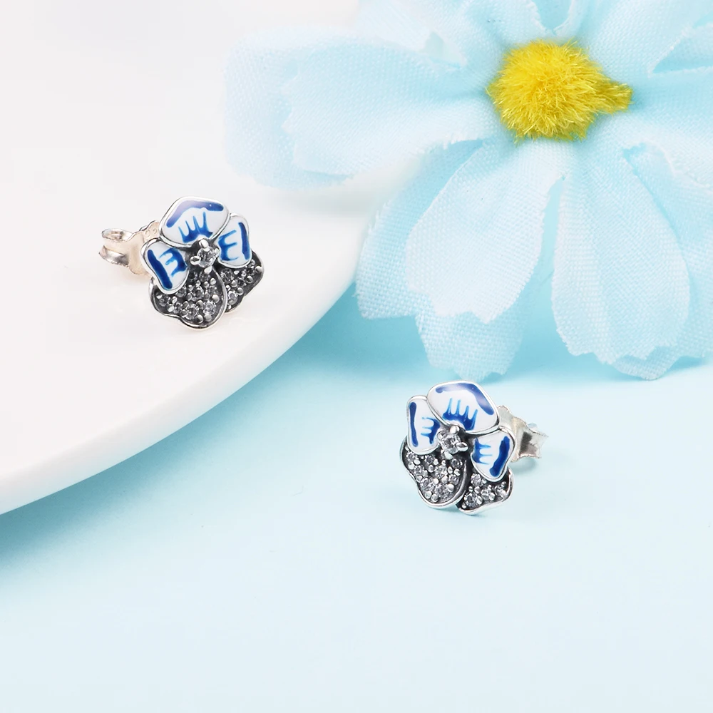 

Blue Pansy Flower Stud Earrings Birthday 100% Real 925 Sterling Silver Small Earrings for Women