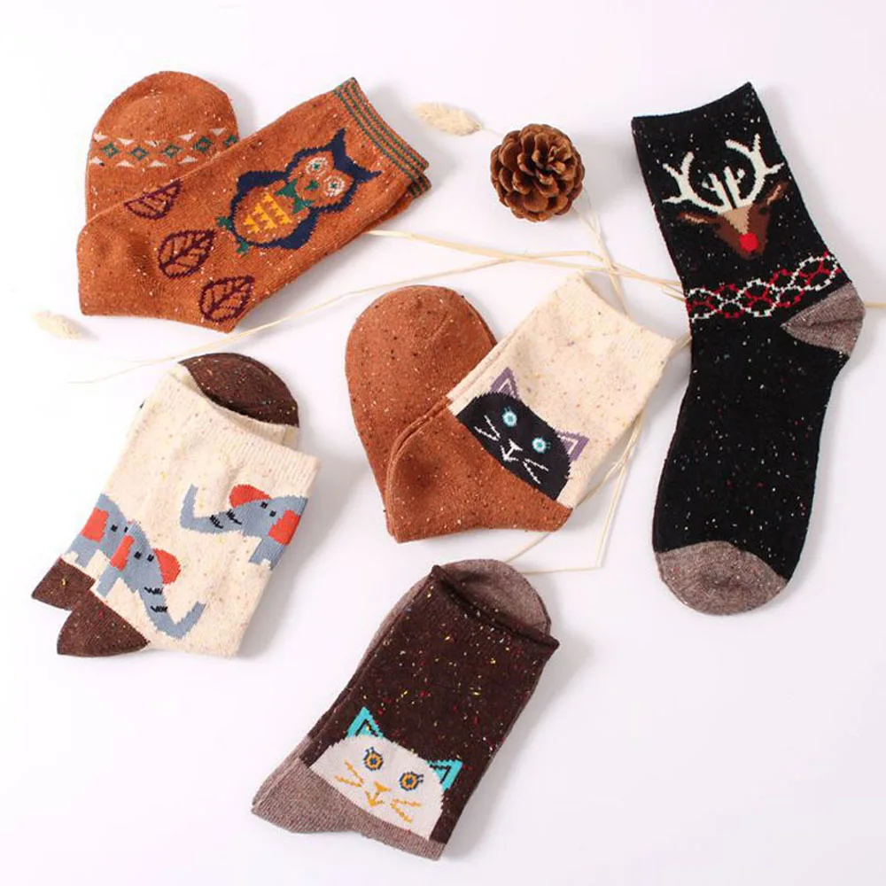 3 Paar/Set Vintage Dicke Kaninchenwollsocken für Damen Retro Winter Harajuku Tiermotive Eule Hirsch Katze Elefant Niedlich Süß – Detail 3