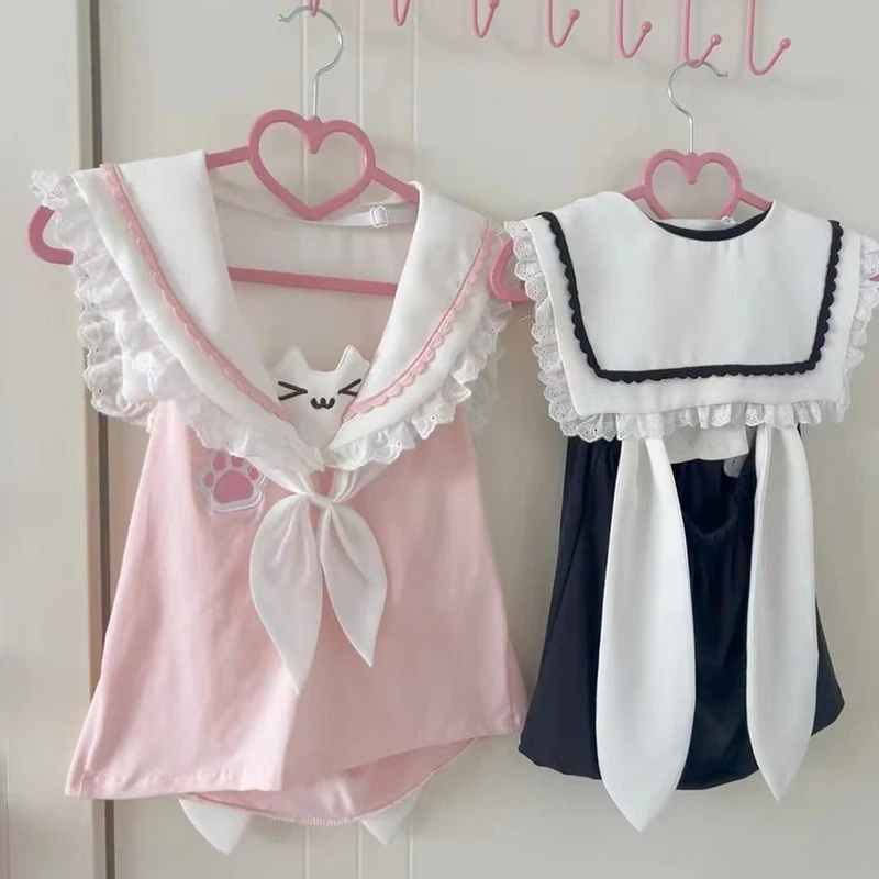 Summer Japanese Rojita Soft Girl Cute Cat Lace Stitching Sailor Collar Vest Kawaii Clothes Student Sleeveless T-shirt Top Female