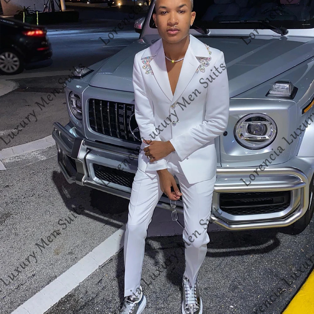 

Luxury Glitter Suits for Men 2 Pieces Crystal Applique Wedding Party Groom Tuxedos Customized Blazer Pants costume homme luxe