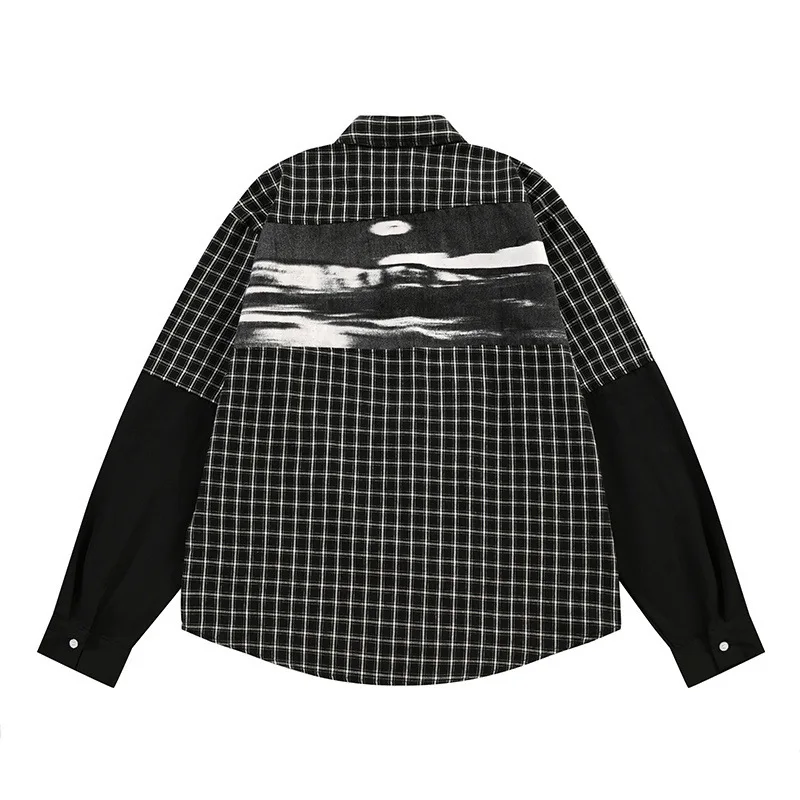 Men's Autumn Irregular Patchwork Plaid Shirt Hip Hop Trendy Printed Long Sleeve Loose Fit Casual Button Top