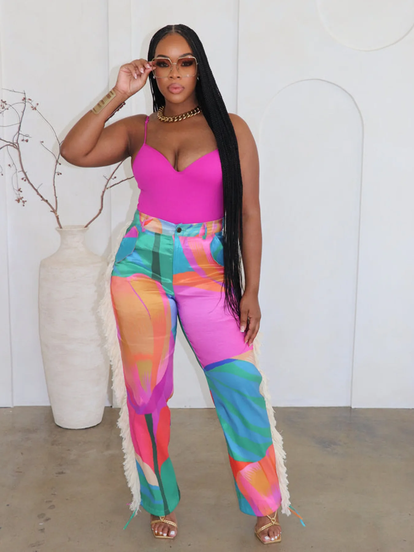 BKLD Autumn Fashion Streetwear Women Clothing Color Block Printed Tassel Patchwork Wide Leg Pants Casual High Waist Trousers