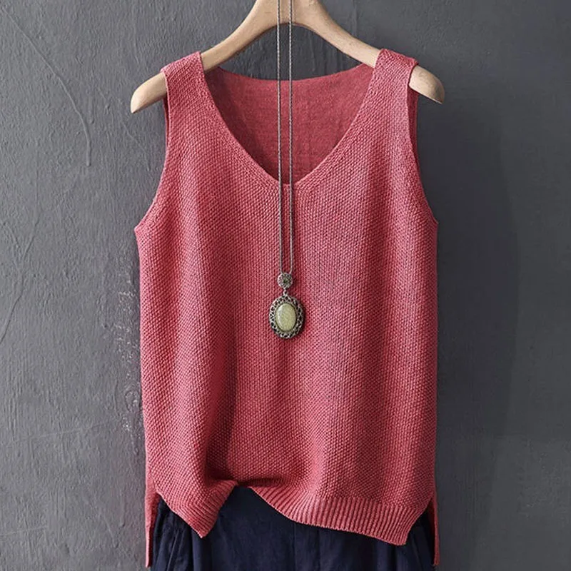 Blusas Mujer De Moda 2024 Bluzka Damska Letnia Dzianinowa Bluzka Bez Rękawów Koszula Damska Odzież Bluzka V-neck Kobiety Topy Koszule C855