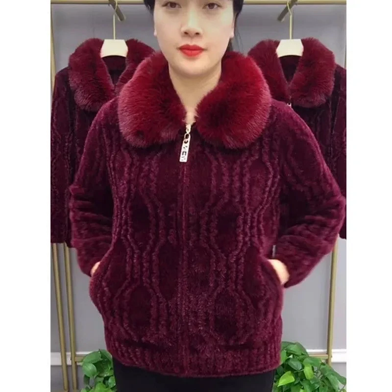 Women Knitted Cardigan Thicken Large Size Imitation Mink Velvet Sweater Coat Middle-Aged Mother Fur Collar Zipper Knit Jacket