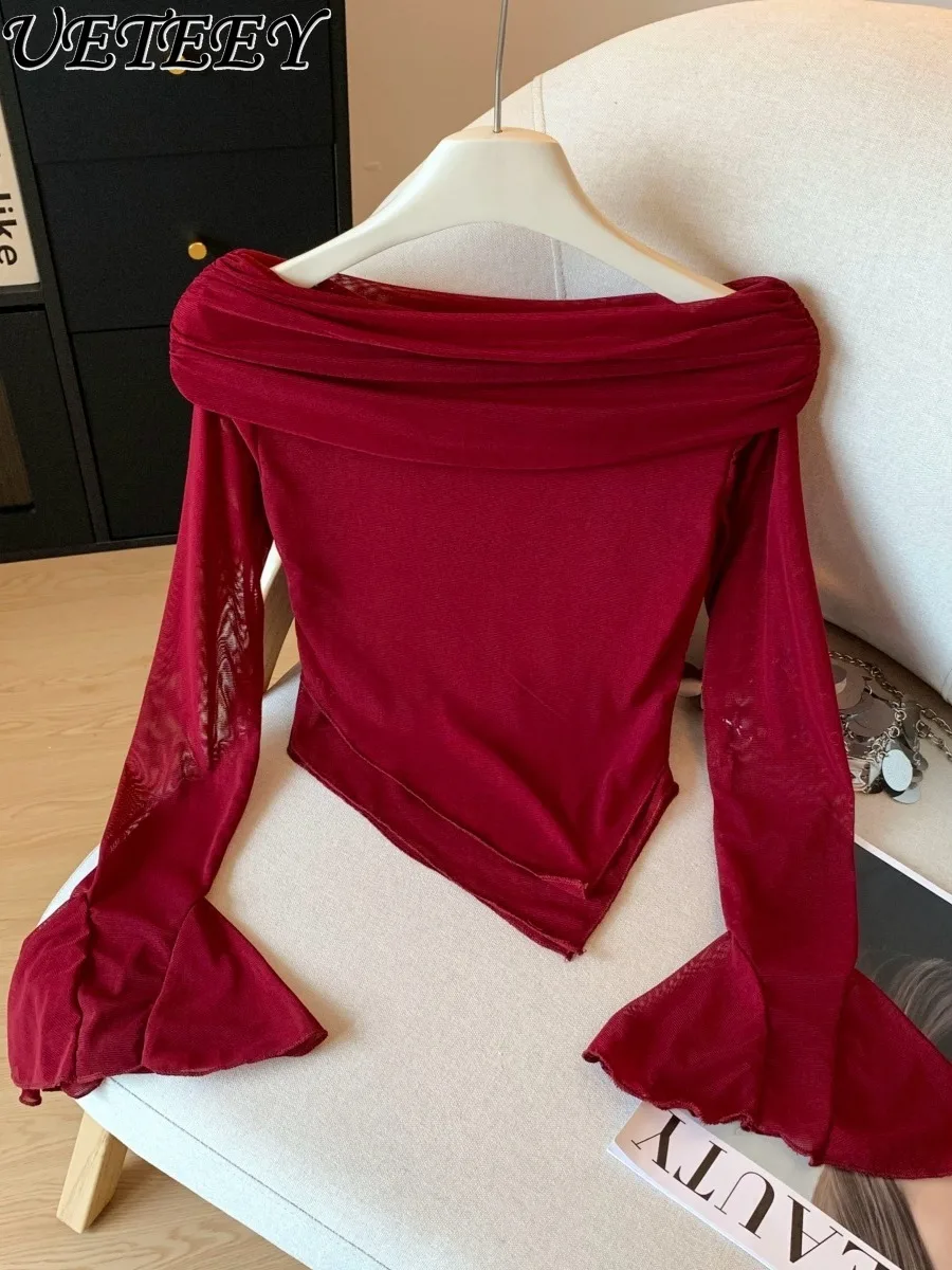 

Сексуальная футболка с открытыми плечами и длинными рукавами для девочек, эластичный облегающий короткий топ, женские осенние красные футболки с нерегулярной сеткой