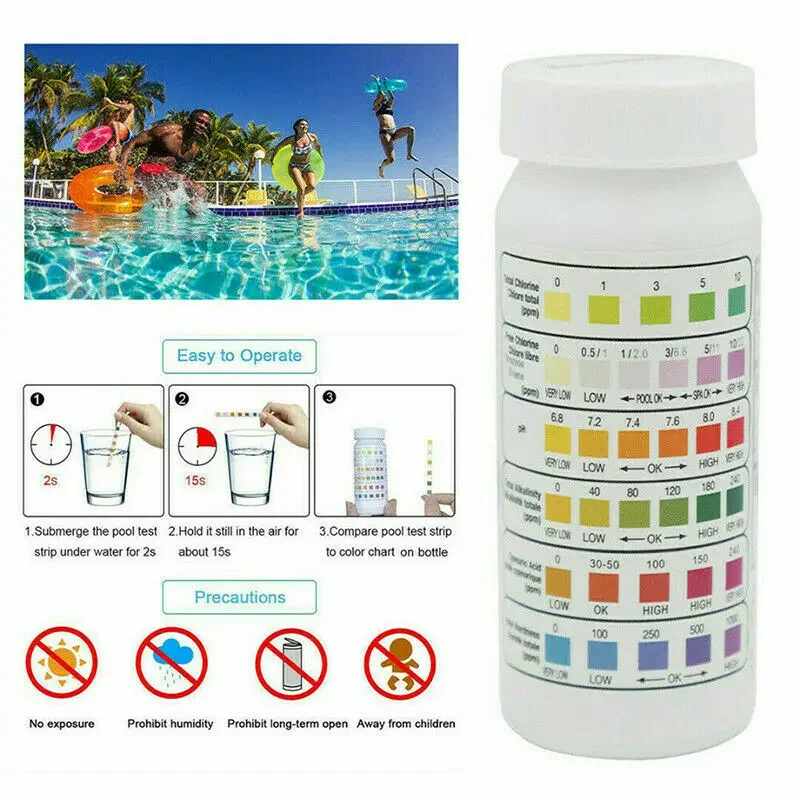50 Stück/Flasche 6-in-1 Schwimmbad- und Spa-Wasserteststreifen für Säure, Wasserhärte, Chlor, Alkalität, pH-Wert, Cyanursäure und Brom – Detail 2