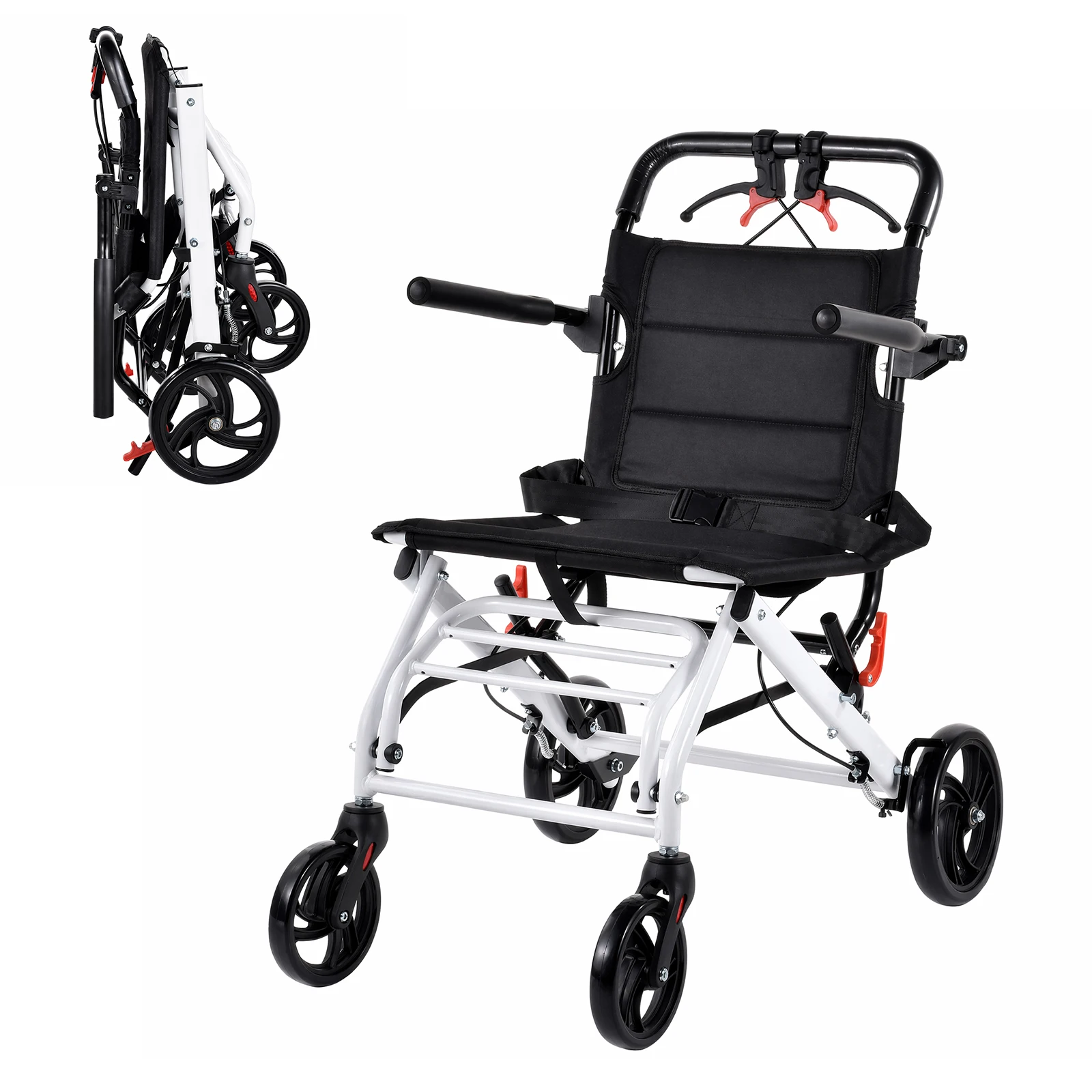 Fauteuil roulant de transport léger et portable pour adultes, fauteuil roulant de voyage pliable avec frein à main et ceinture de sécurité, siège de 46 cm de large, cadre en acier au carbone, aide à la mobilité pour les personnes âgées, roues en PU de 6 po à l'avant et 8 po à l'arrière, capacité de charge de 220 lb.